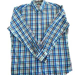 Peter Millar Men's 100% Cotton Checkered Dress Shirt Bleu Lime Brown -L